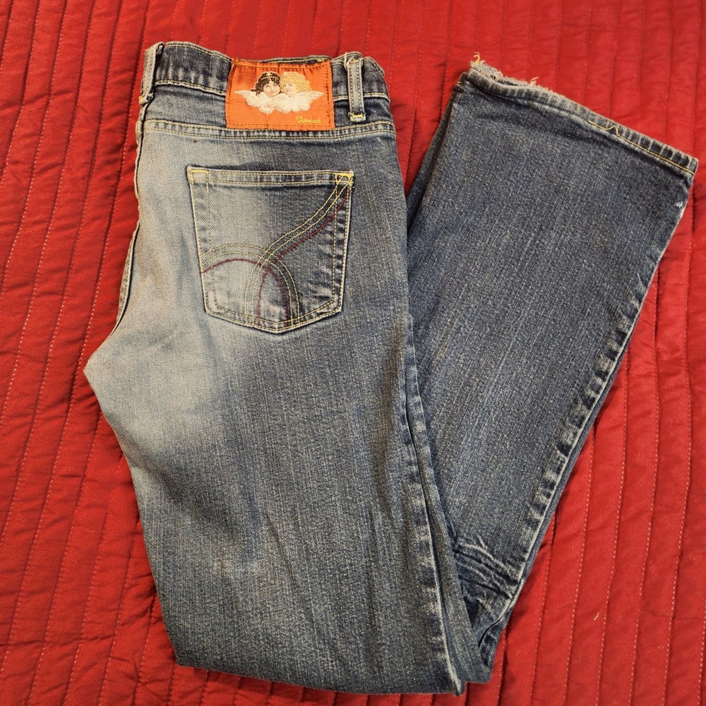 E75 Fiorucci Womens Blue Low Rise Flare Size 11 Angel Patch Y2K Double Button